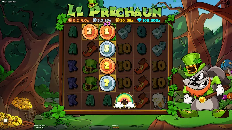 Rainbow symbol activating golden squares with coin collectors – Le Prechaun