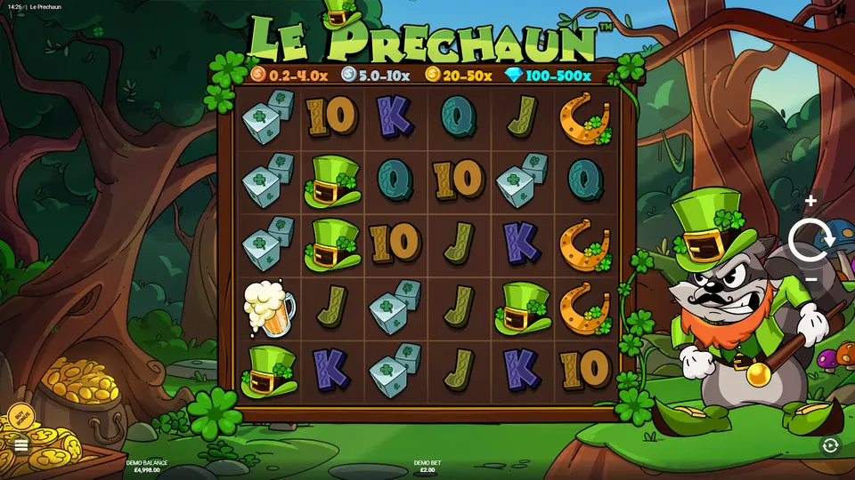 Le Prechaun slot base game – cluster pays on 6x5 grid by Hacksaw Gaming